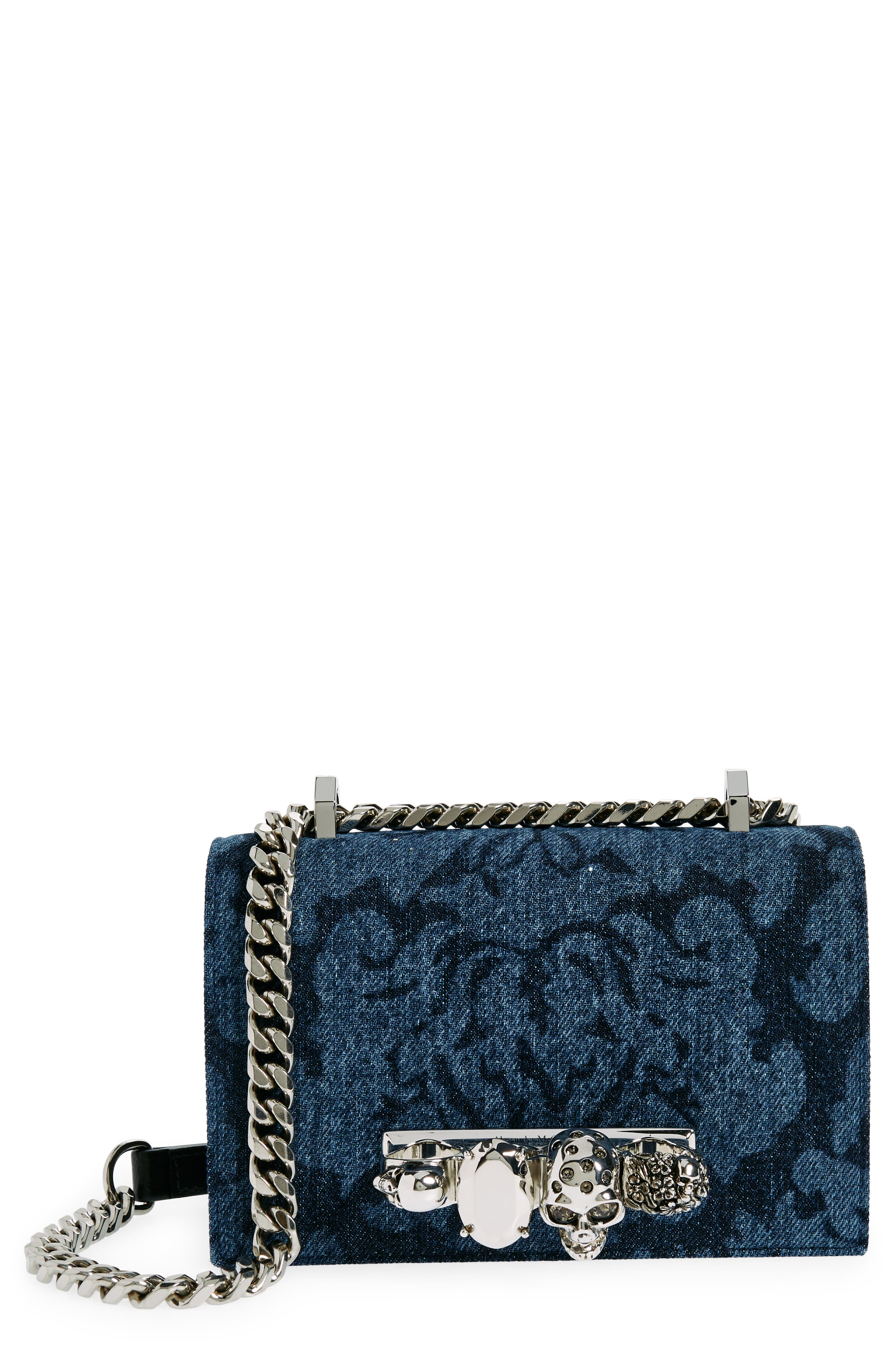 McQueen Jeweled Denim Shoulder Bag, Main, color, 