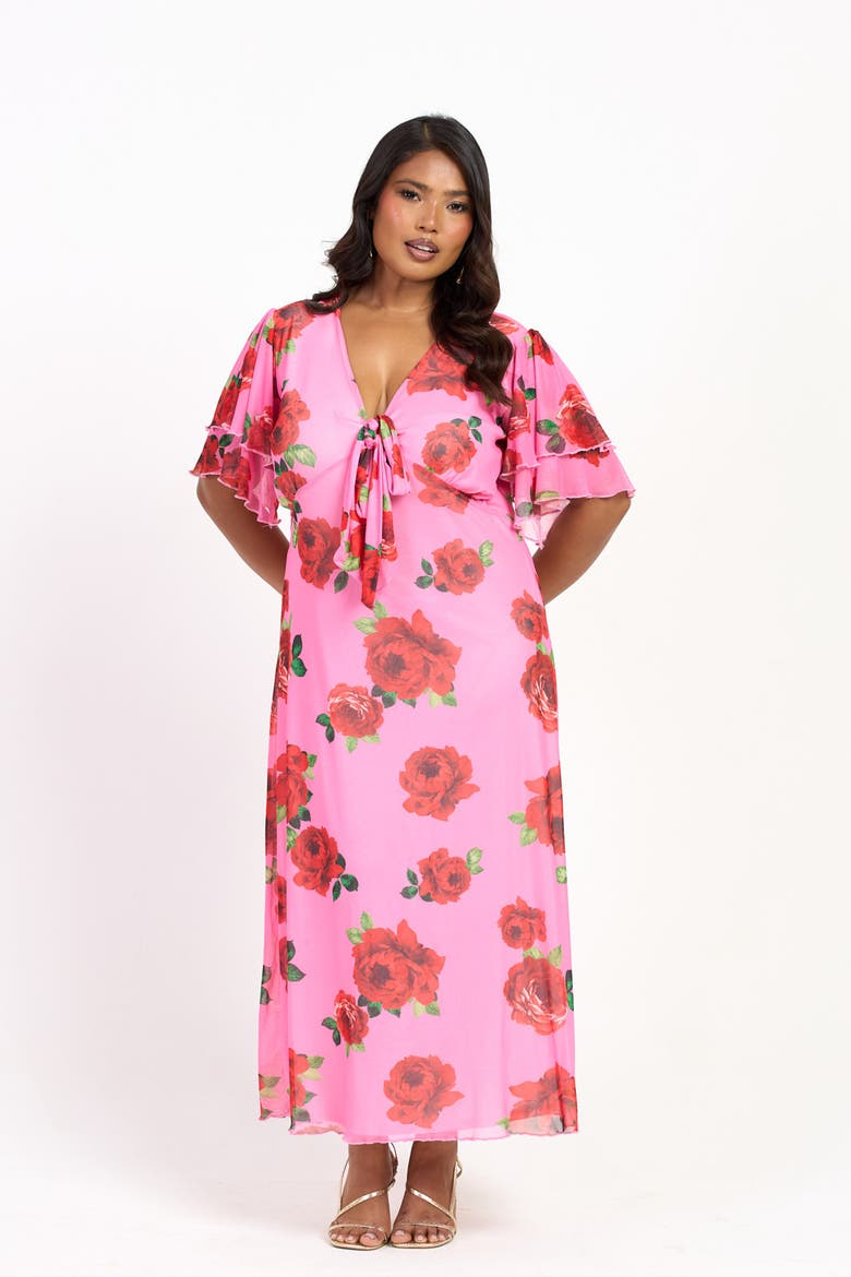 Flutter Sleeve Tie Front Midi Dress, Alternate, color, Pink