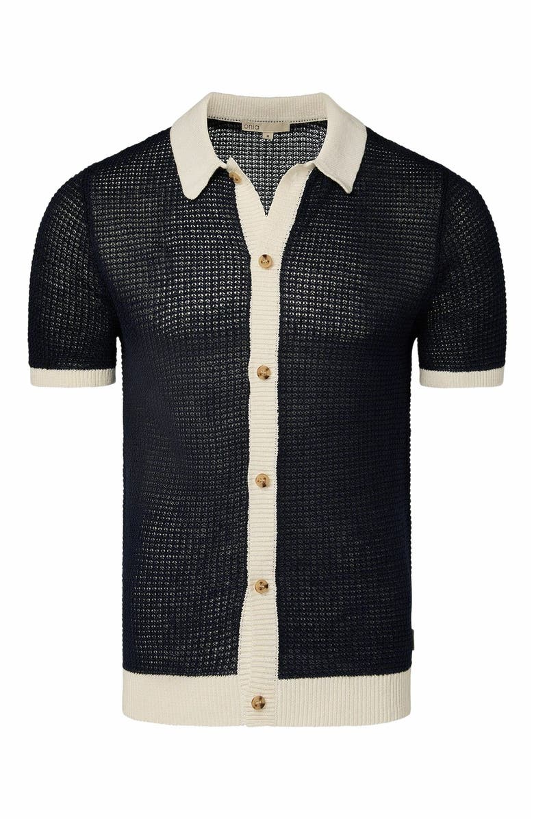 Onia Linen Short Sleeve Button Up Sweater, Alternate, color, Deep Navy/White