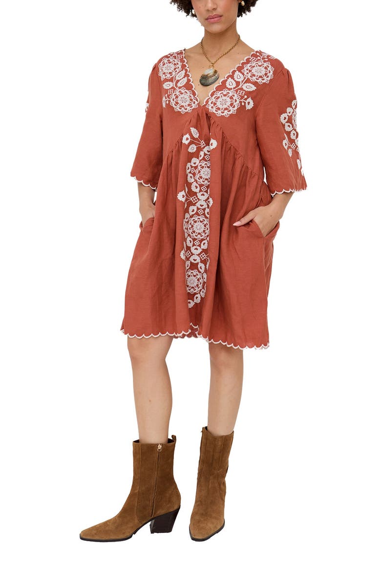 Arabella V- Neck Embroidered Mini Dress, Main, color, Rust