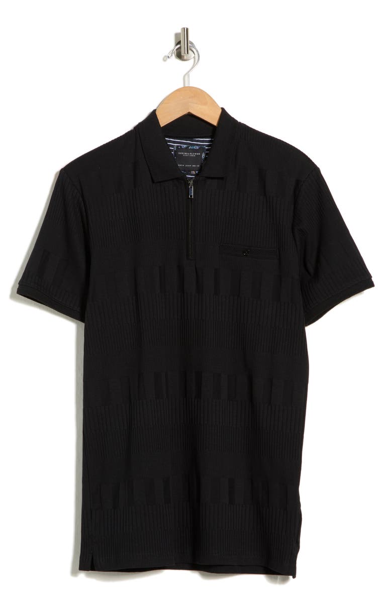 DENIM AND FLOWER Ribbed Quarter Zip Polo, Main, color, Black