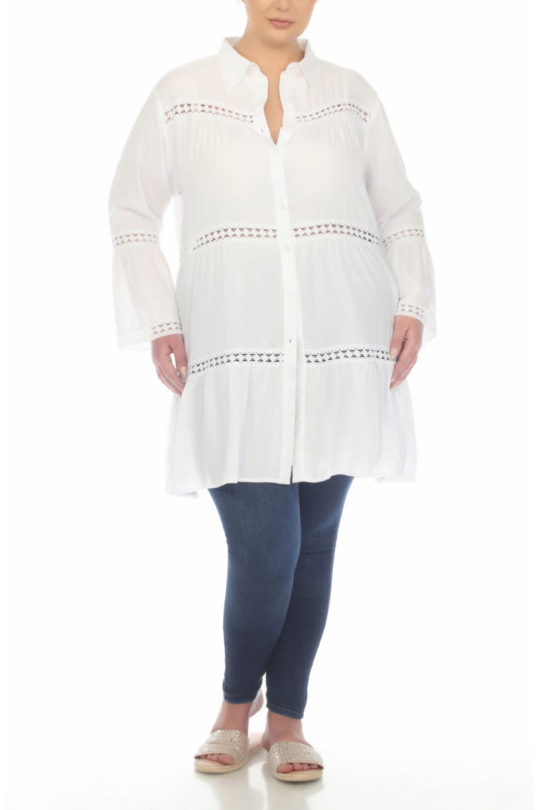 Lace Inset Long Sleeve Cover-Up Shirtdress, Alternate, color, WHITE