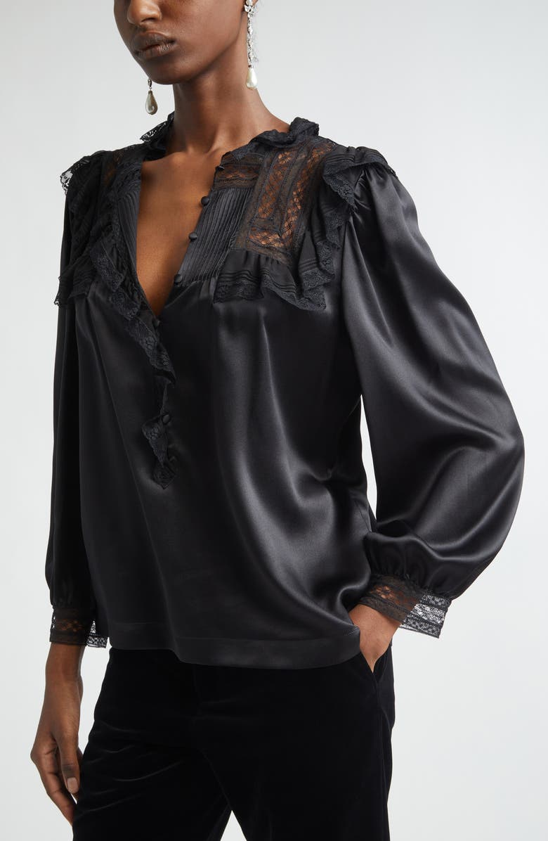 Saint Laurent Lace Trim Silk Charmeuse Top, Alternate, color, Nero