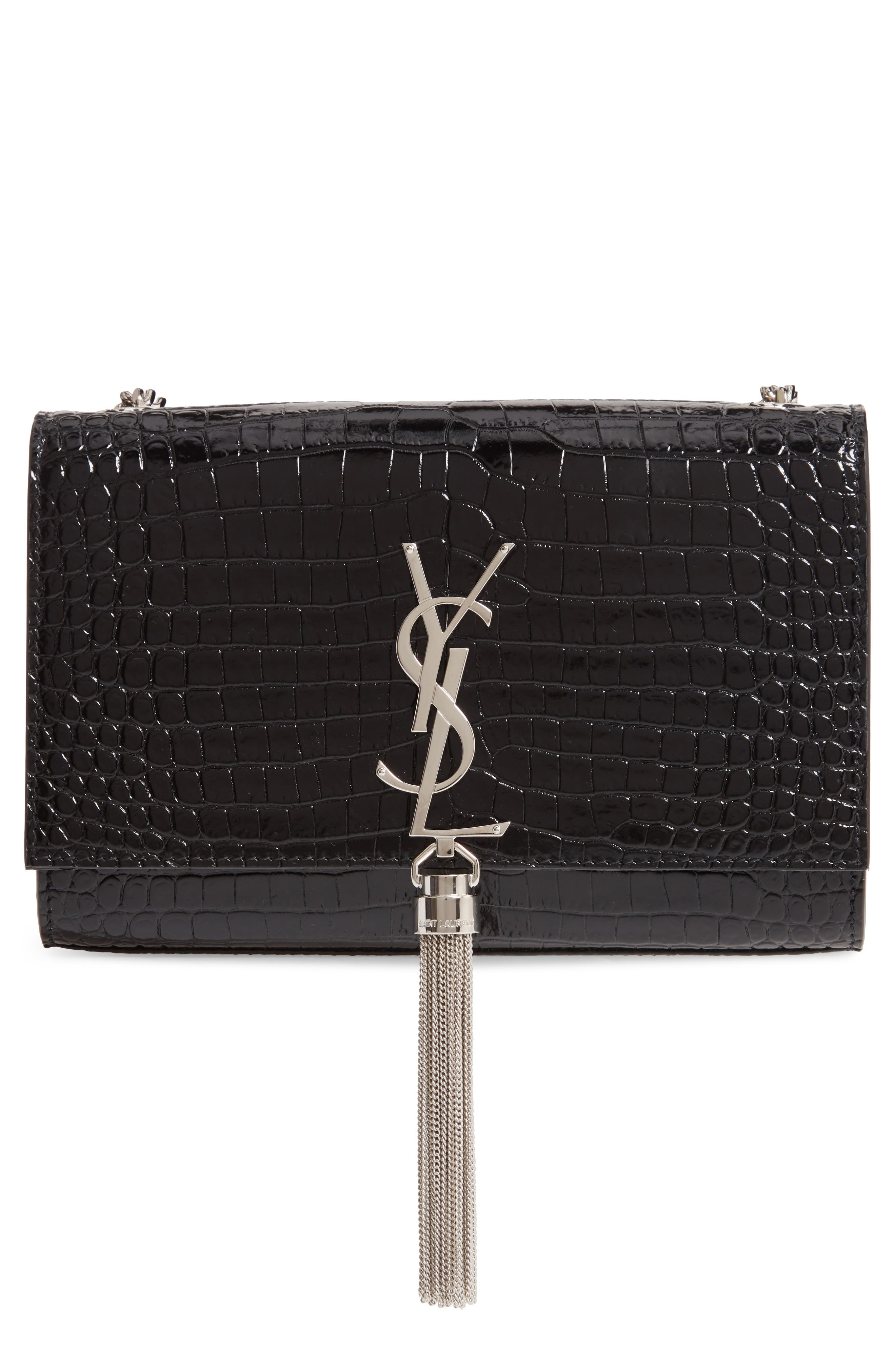 Saint Laurent Small Kate Croc Embossed Leather Shoulder Bag, Main, color, 