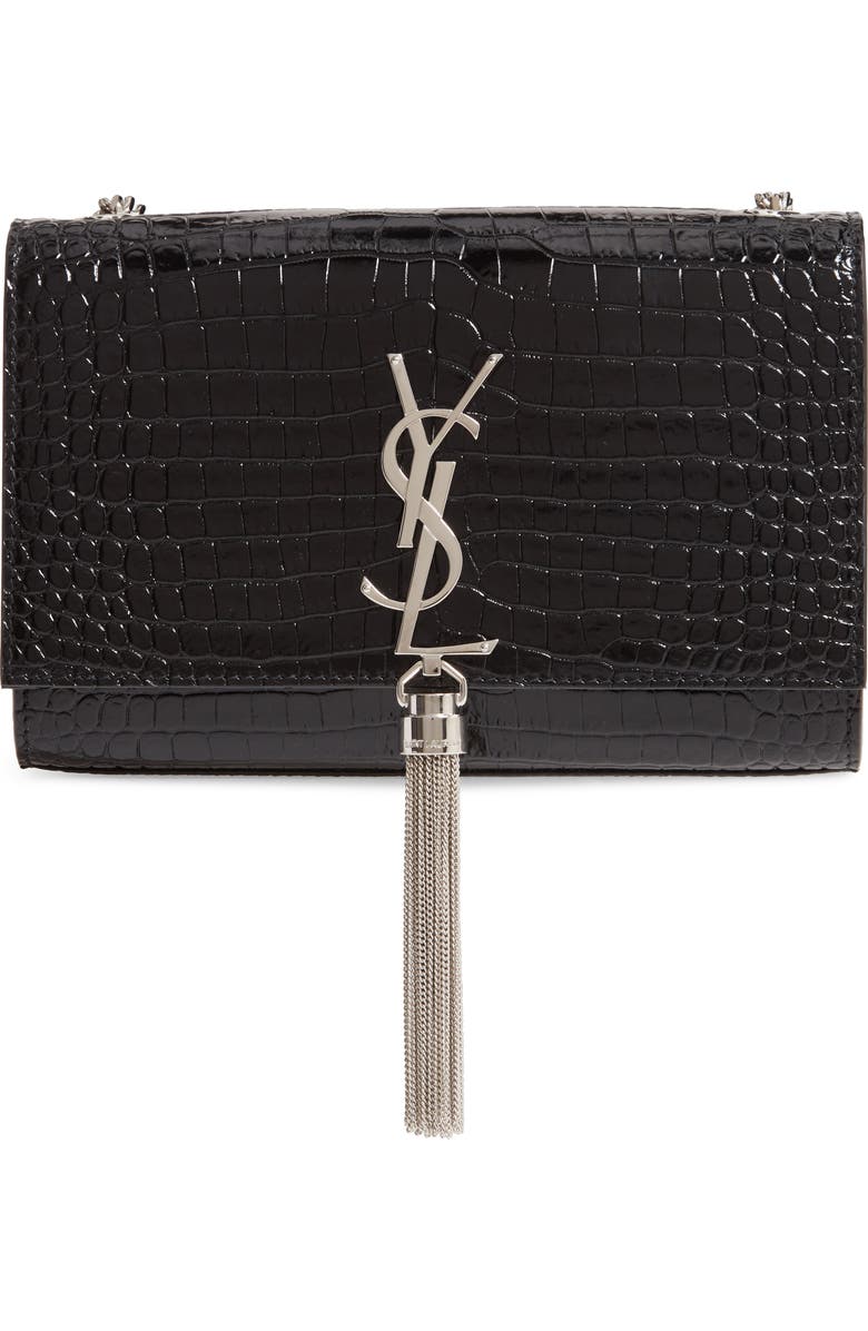 Saint Laurent Small Kate Croc Embossed Leather Shoulder Bag, Main, color,