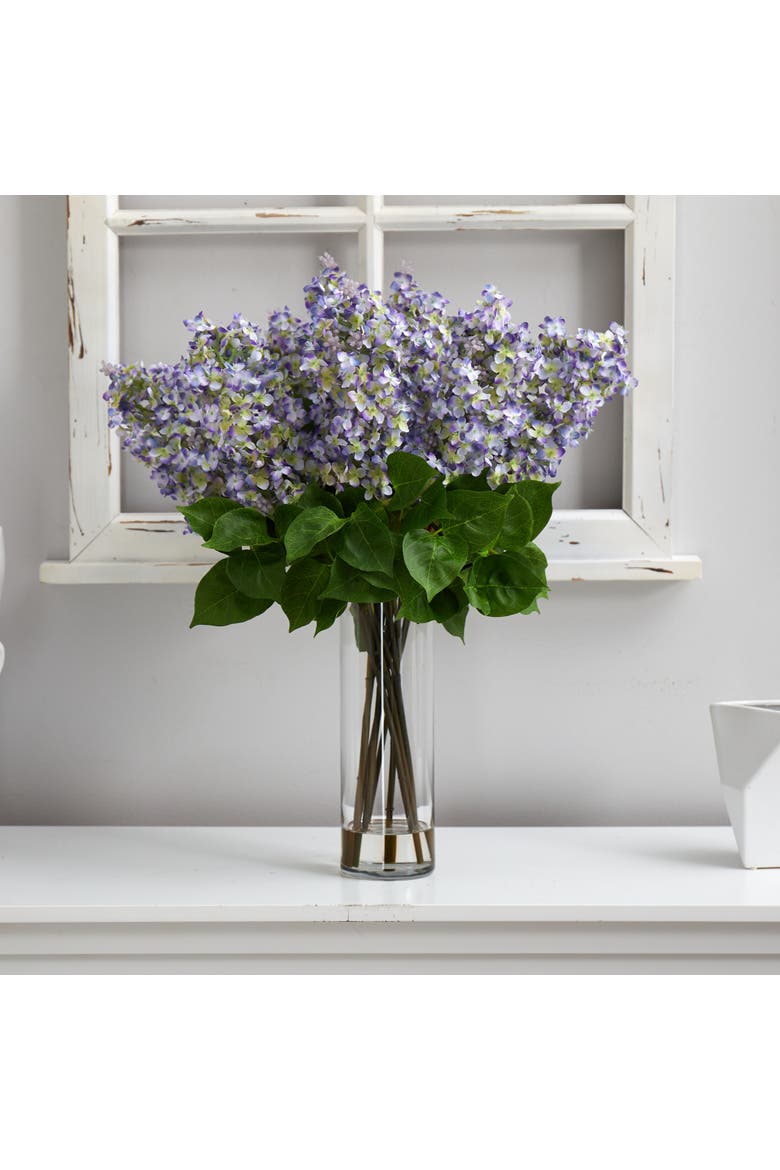 24-in Artificial Lilac Arrangement with Cylinder Glass Vase, Alternate, color, Purple
