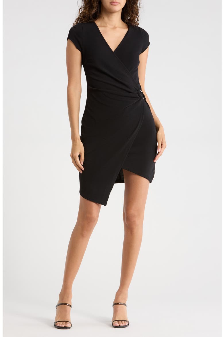 Cap Sleeve D-Ring Asymmetric Faux Wrap Dress, Main, color, BLACK