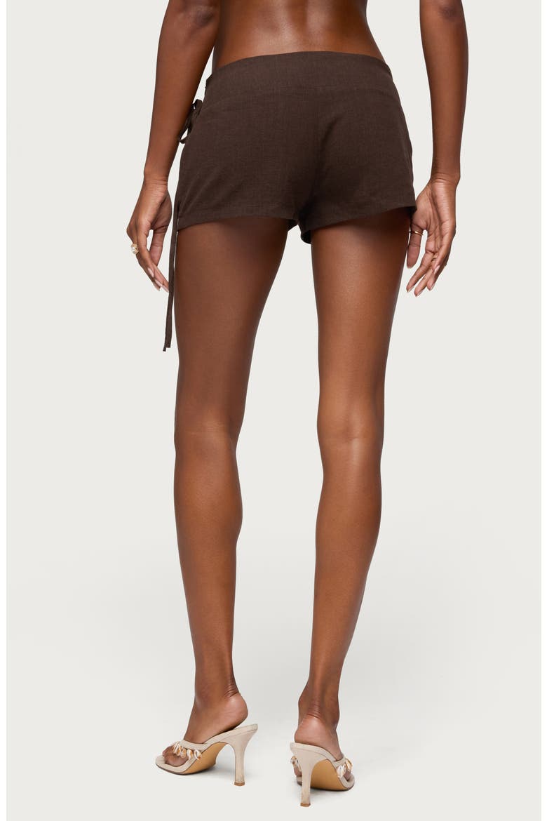 Vikkie Beaded Waist Low Rise Linen Blend Shorts, Alternate, color, BROWN
