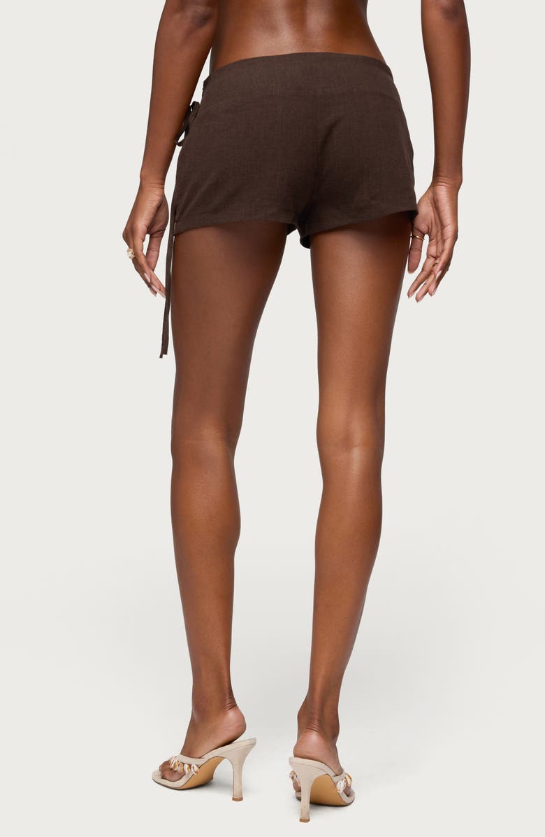 EDIKTED Vikkie Beaded Waist Low Rise Linen Blend Shorts, Alternate, color, Brown