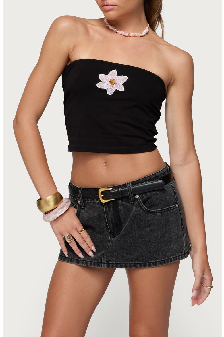 Luli Beaded Flower Crop Tube Top, Main, color, BLACK