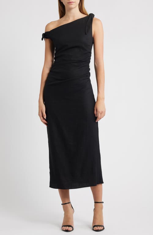 Wayf Clio Tie Shoulder Linen Blend Midi Dress In Black
