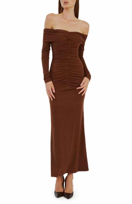 Bardot Artura Diamante Off the Shoulder Long Sleeve Maxi Dress