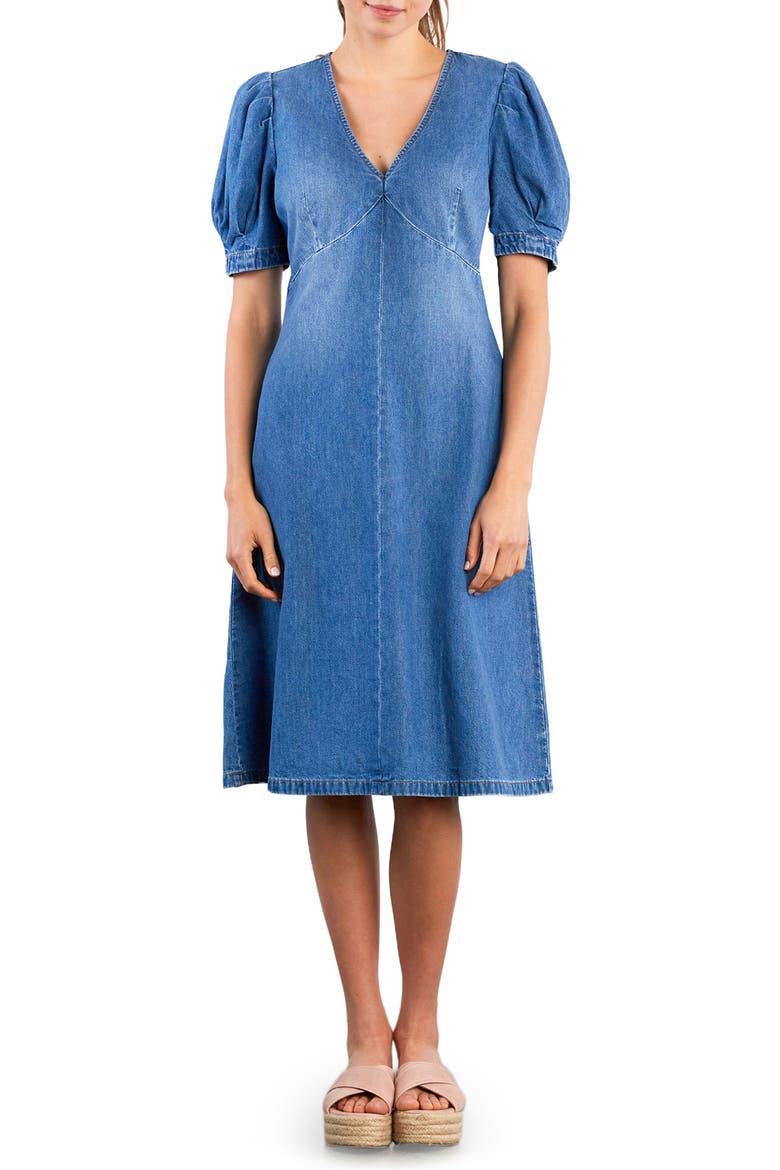 Blossom Puff Sleeve Denim Dress, Main, color, MALIBU BLUE
