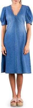 Wash Lab Denim Blossom Puff Sleeve Denim Dress
