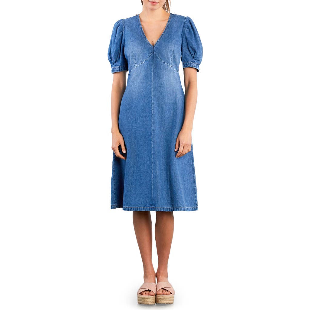 Wash Lab Denim Blossom Puff Sleeve Denim Dress In Blue