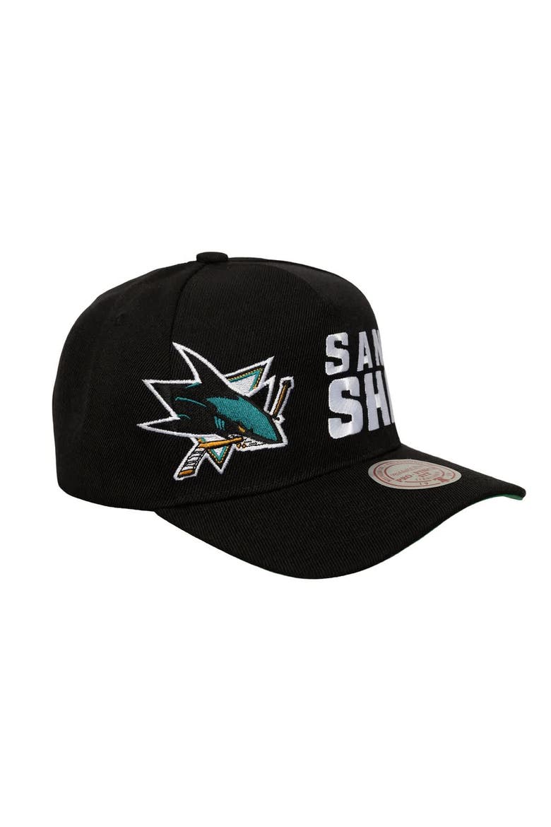 Men's Mitchell & Ness  Black San Jose Sharks Busted Logo Wordmark Wrap-Around Pro Pinch Adjustable Hat, Alternate, color, Black