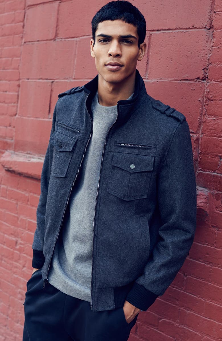 Black Rivet Wool Blend Bomber Jacket, Alternate, color, 