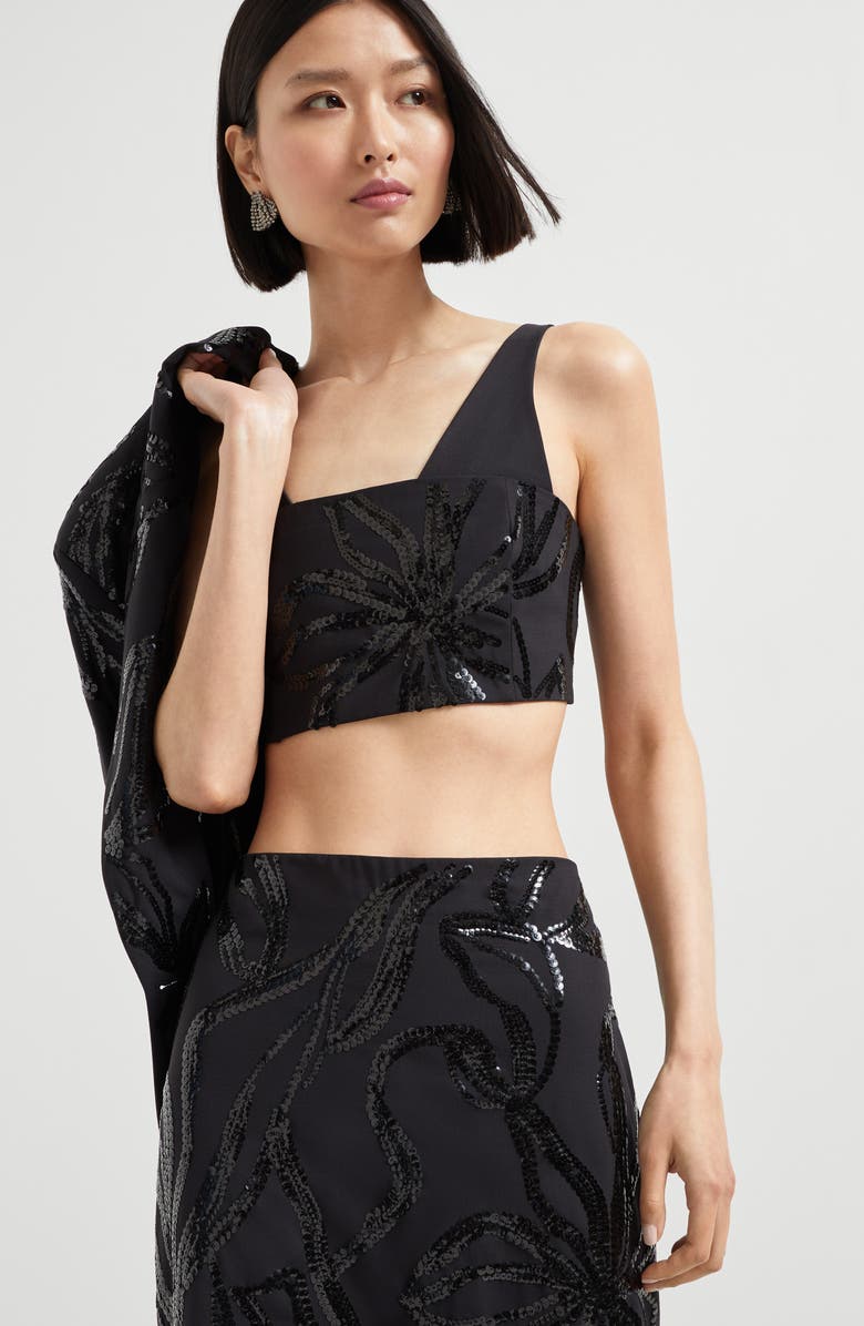 Brunello Cucinelli Top with dazzling floral embroidery, Alternate, color, Black