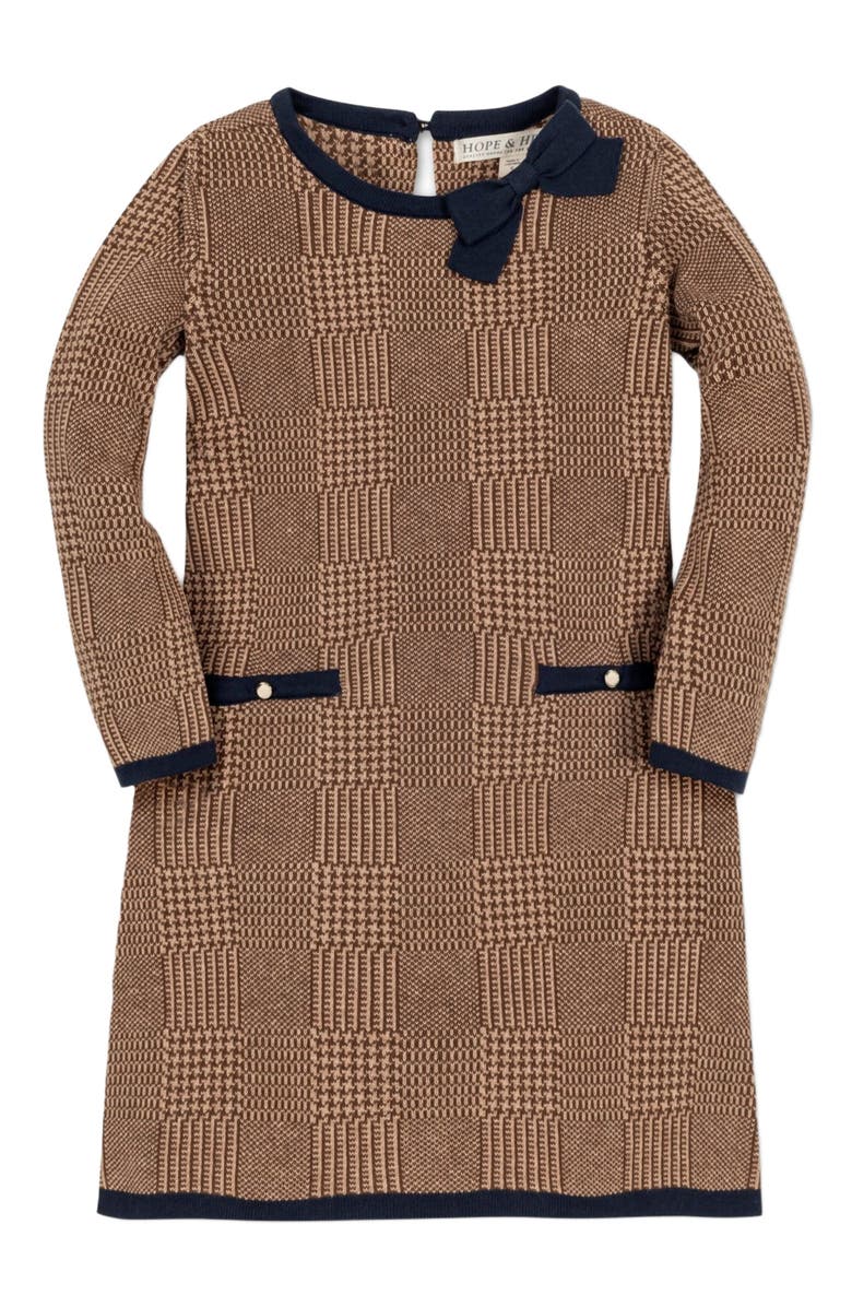 Hope & Henry Baby Girls' Organic Bow Sweater Dress, Infant, Alternate, color, Brown Glen Plaid Intarsia