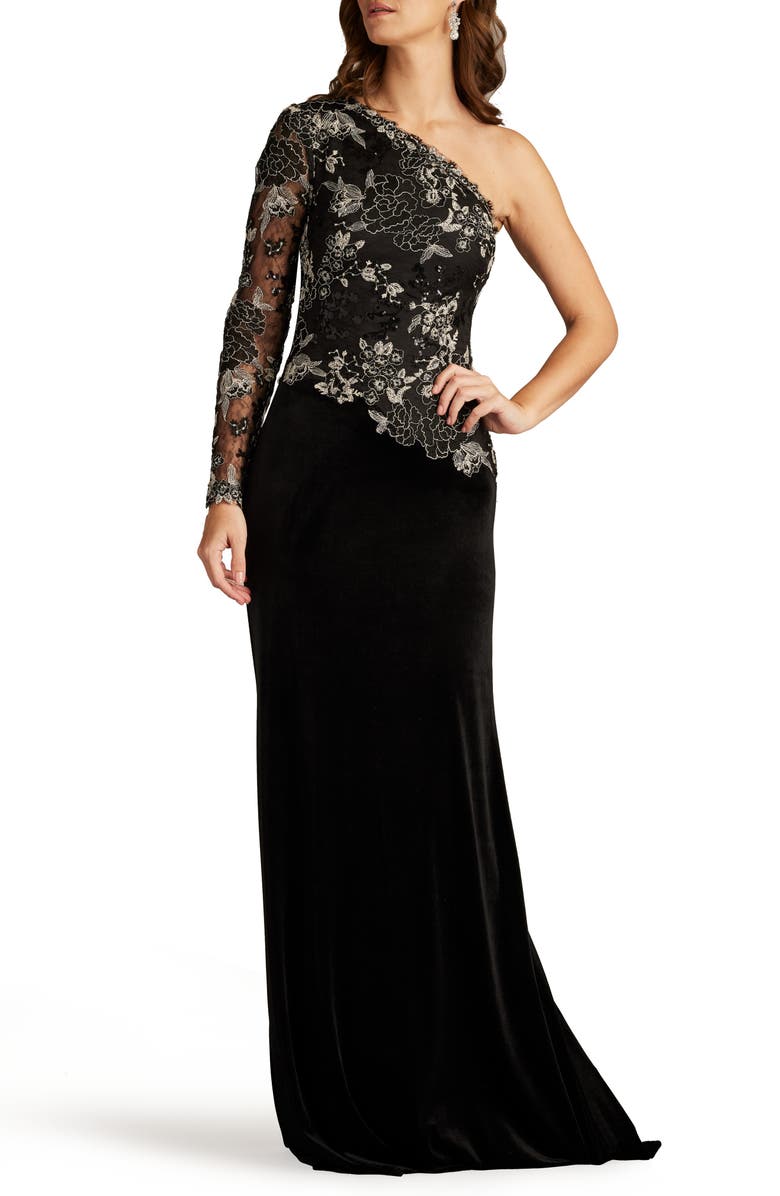 Tadashi Shoji One-Shoulder Sequin Lace & Velvet Gown, Alternate, color,