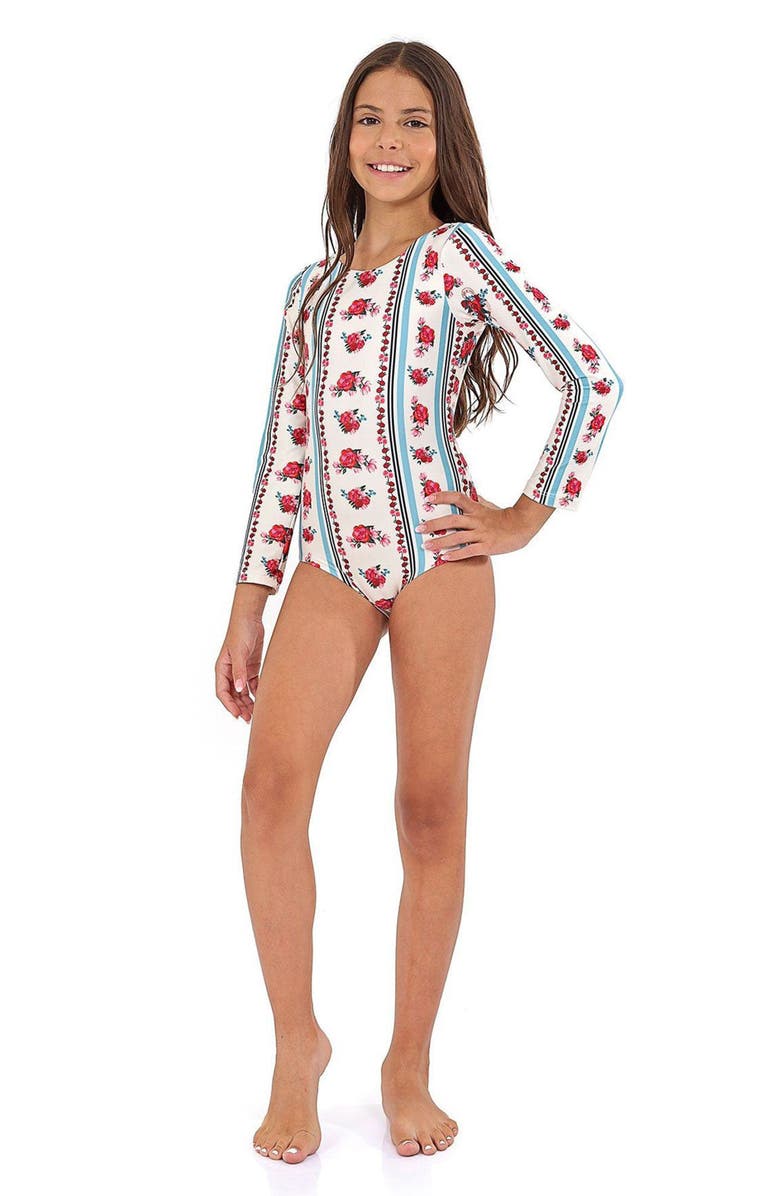 Agua Bendita Kids' Honey Cherish Long Sleeve One-Piece Rashguard Swimsuit, Alternate, color, Multicolor