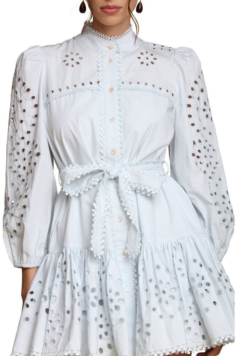 Eyelet Tie Belt Long Sleeve Mini Shirtdress, Alternate, color, ICE BLUE