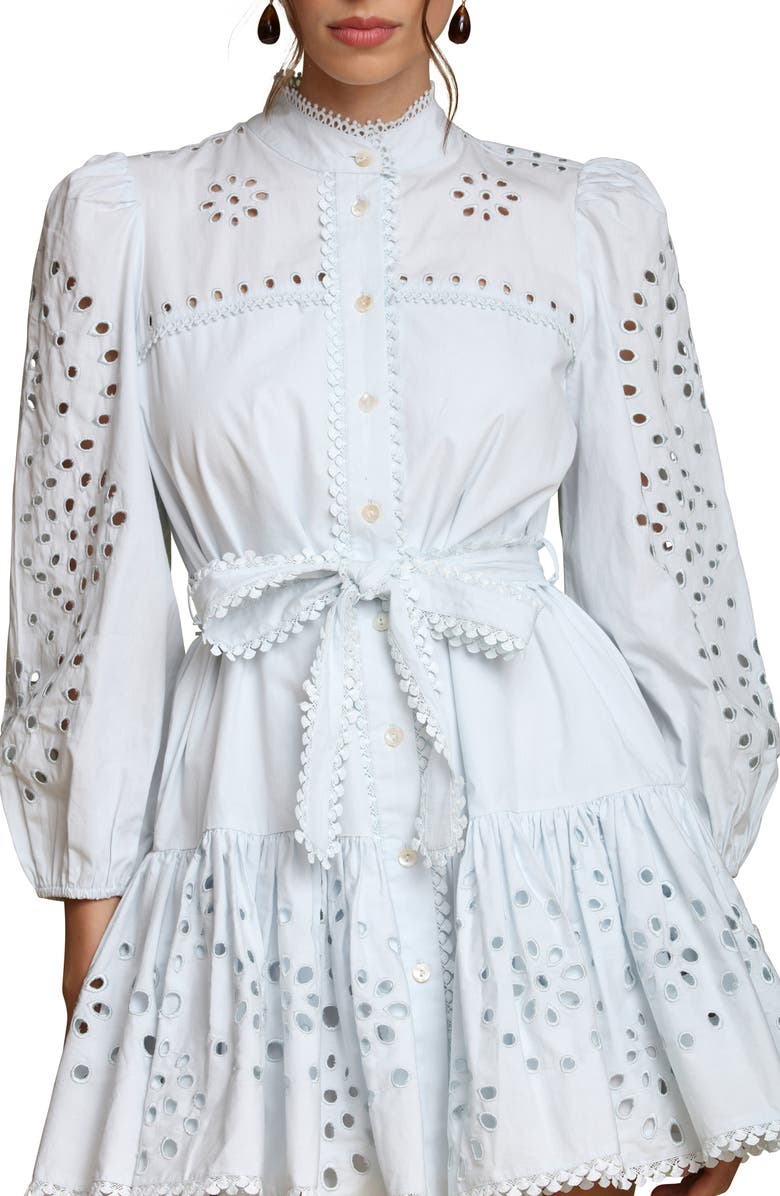 Avec Les Filles Eyelet Tie Belt Long Sleeve Mini Shirtdress, Alternate, color, Ice Blue
