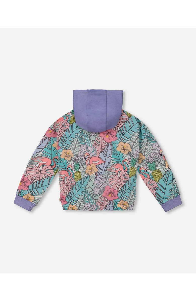 Deux par Deux Girl's Printed French Terry Hoodie Cardigan Lilac Tropical And Pink Flamingos, Alternate, color,