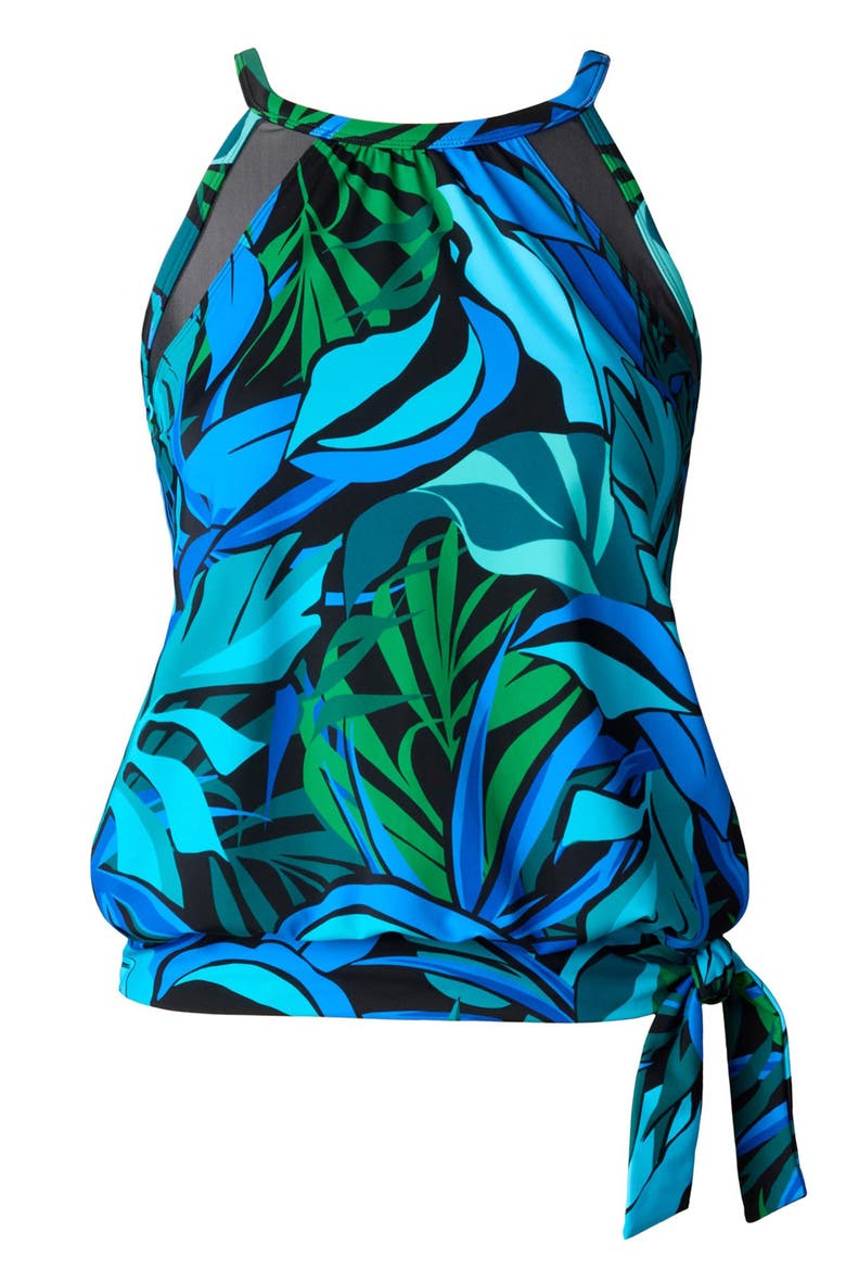 High Neck Mesh Blouson Plus Size Tankini Swimsuit Top, Alternate, color, Leaf Sensation