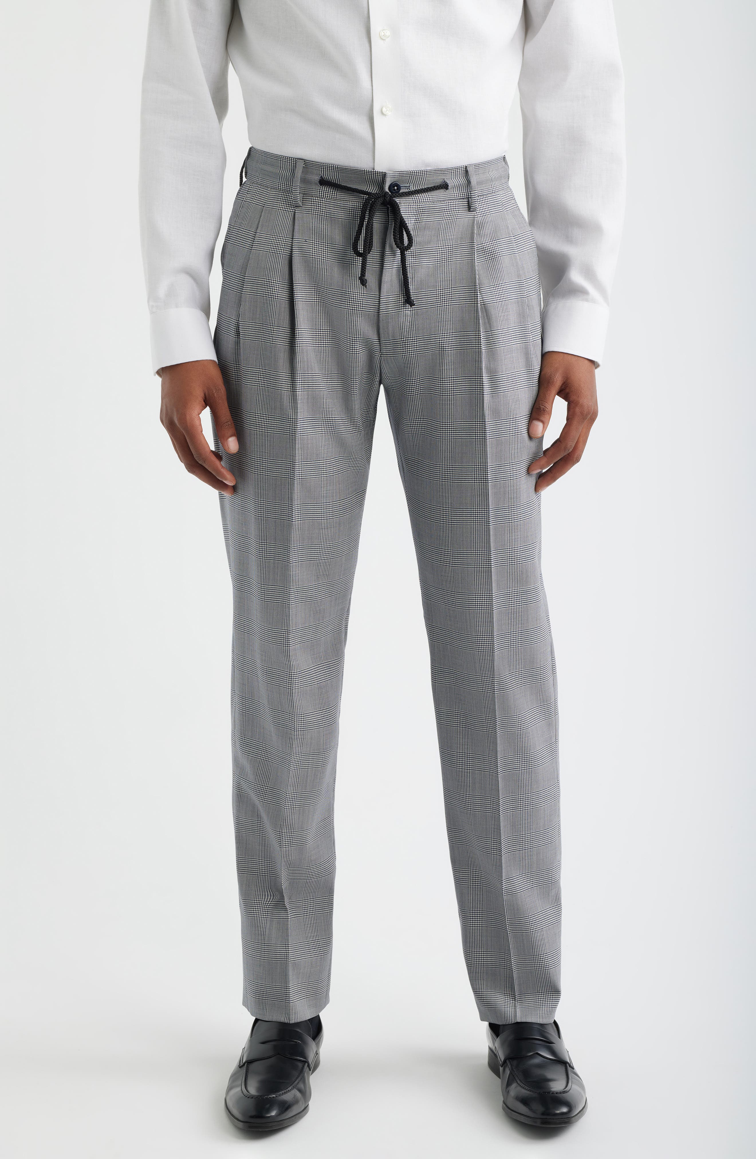 Zanella Nova Grey Glen Check Pleated Wool & Cotton Drawstring Dress Pants