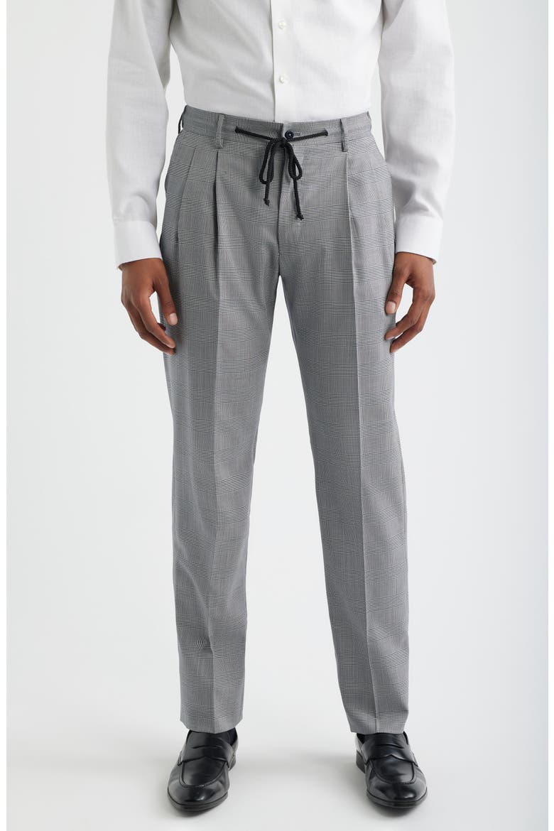 Nova Grey Glen Check Pleated Wool & Cotton Drawstring Dress Pants, Main, color, NAVY