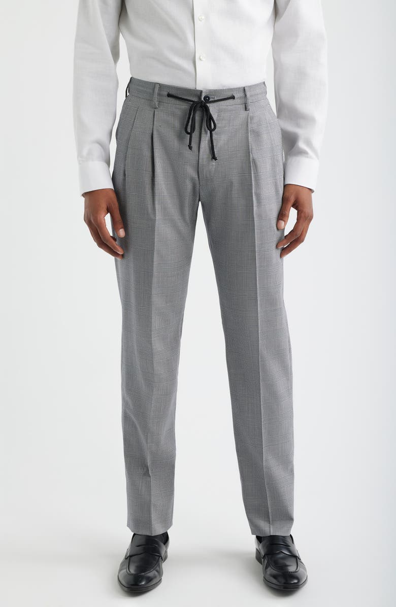 Zanella Nova Grey Glen Check Pleated Wool & Cotton Drawstring Dress Pants, Main, color, Navy