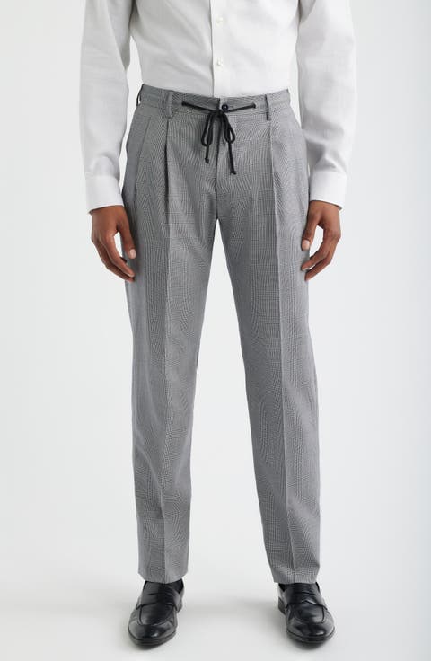 Nova Grey Glen Check Pleated Wool & Cotton Drawstring Dress Pants (Regular & Big)