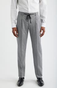 Zanella Nova Grey Glen Check Pleated Wool & Cotton Drawstring Dress Pants
