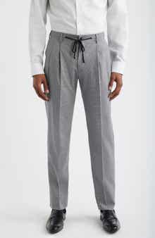 Zanella Nova Grey Glen Check Pleated Wool & Cotton Drawstring Dress Pants