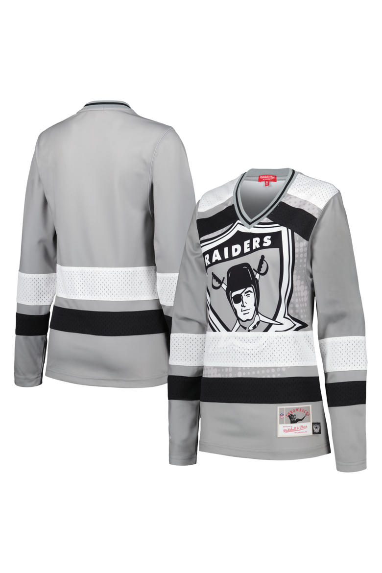 Women's Mitchell & Ness Silver Las Vegas Raiders Big Face 7.0 Long Sleeve Jersey T-Shirt, Main, color, Silver