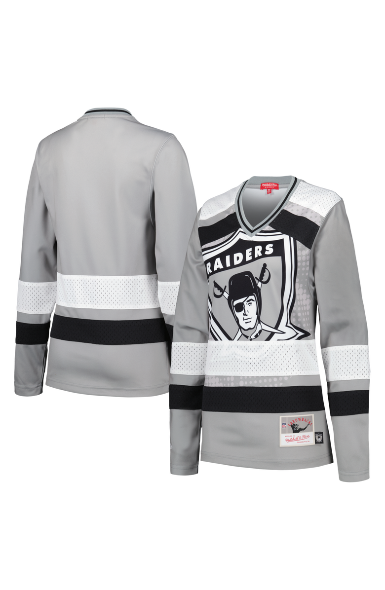 Mitchell & Ness Women's Mitchell & Ness Silver Las Vegas Raiders Big Face 7.0 Long Sleeve Jersey T-Shirt, Main, color, Silver
