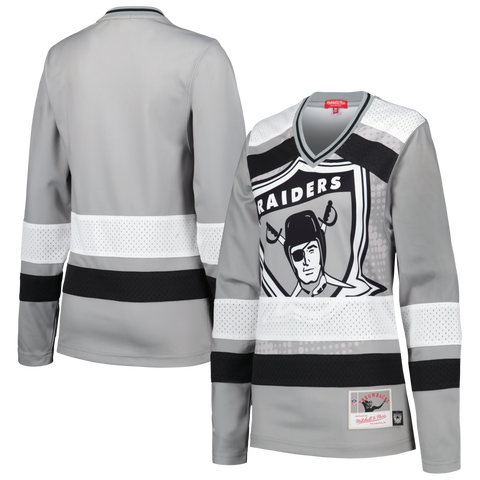 Women's Mitchell & Ness Silver Las Vegas Raiders Big Face 7.0 Long Sleeve Jersey T-Shirt
