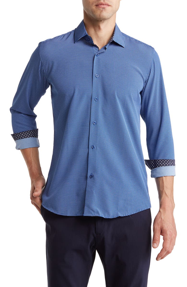 TOM BAINE Regular Fit Performance Stretch Long Sleeve Button Front Shirt, Main, color, Blue