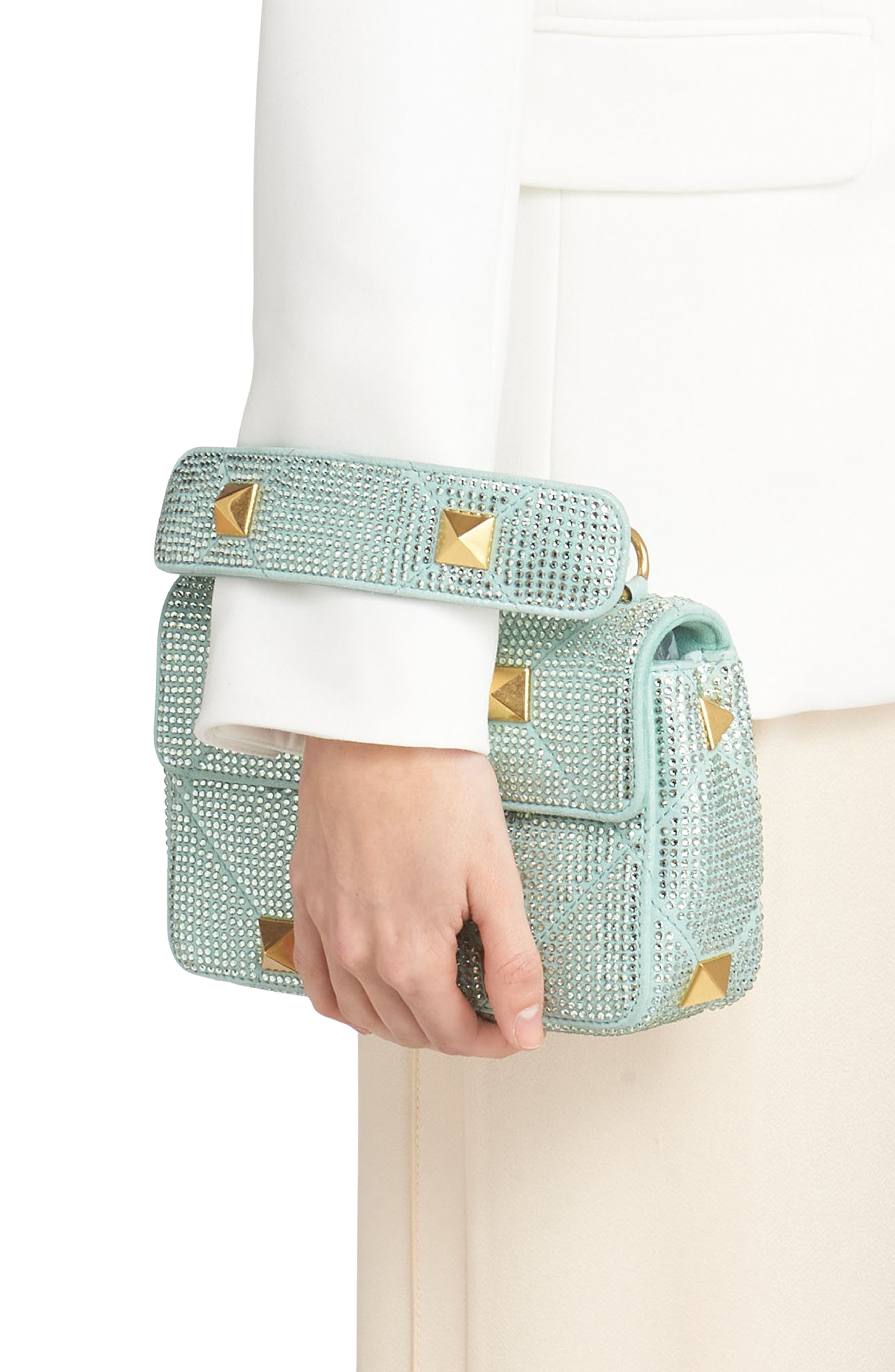 Valentino Garavani Small Roman Stud Crystal Embellished Matelassé Suede Shoulder Bag, Alternate, color, 