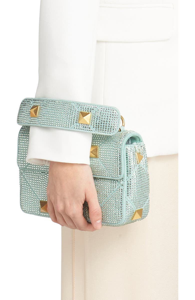 Valentino Garavani Small Roman Stud Crystal Embellished Matelassé Suede Shoulder Bag, Alternate, color,