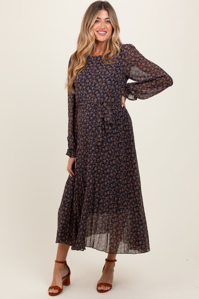 Floral Front Tie Pleated Midi Dress, Alternate, color, Navy Blue
