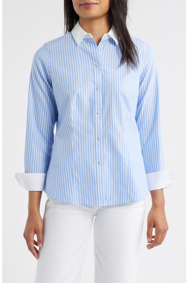 Dianna Stripe Non-Iron Cotton Shirt, Main, color, BLUE WHITE STRIPE