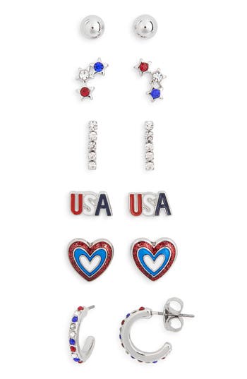 Leith Set Of 6 Red, White & Blue Usa Stud Earrings