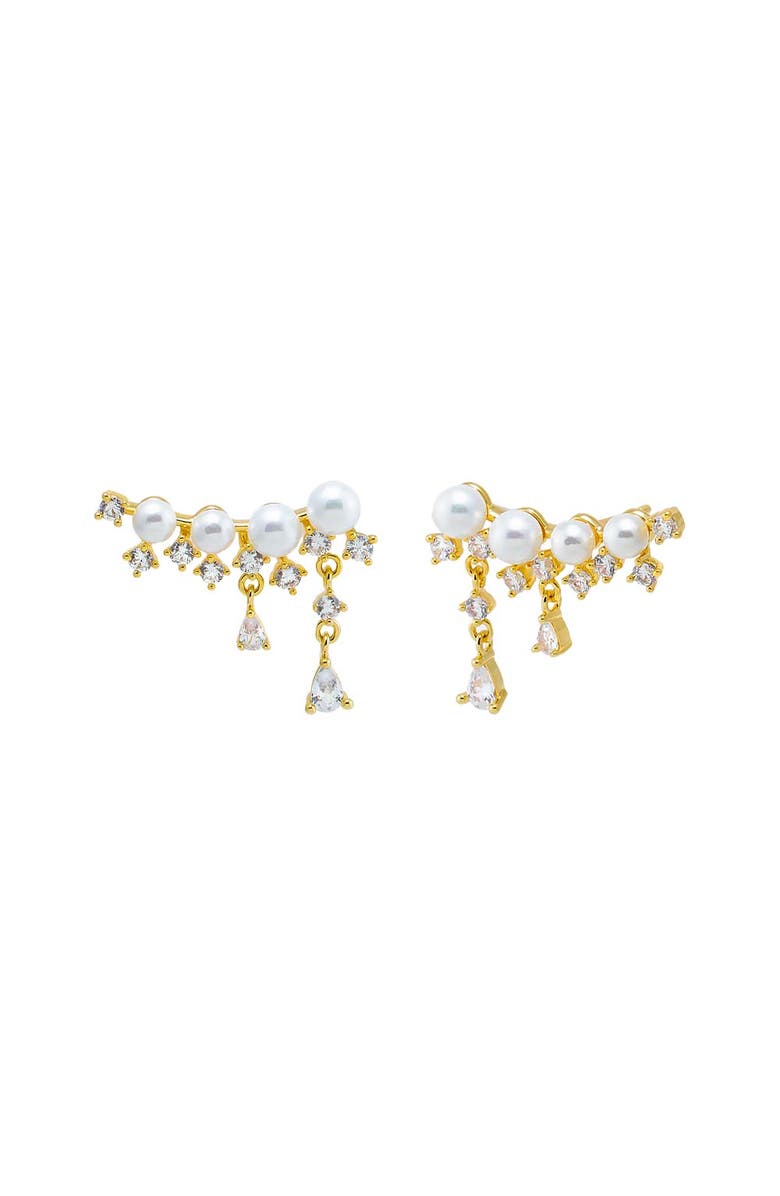BY ADINA EDEN Pearl X CZ Curved Bar Dangling Stud Earring, Main, color, 