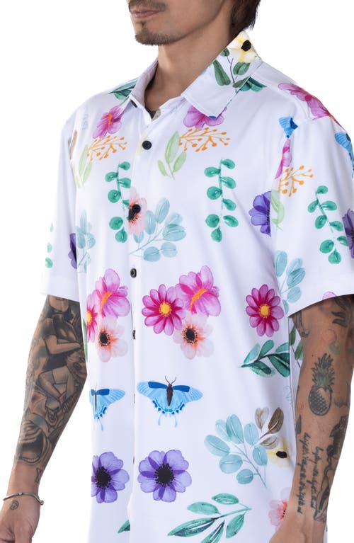 Vast Floral Watercolor Short Sleeve Performance Button-up Shirt In Fuchsia Multi