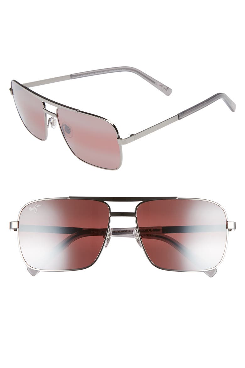 Compass 60mm Polarized Aviator Sunglasses, Main, color, GUNMETAL/ MAUI ROSE