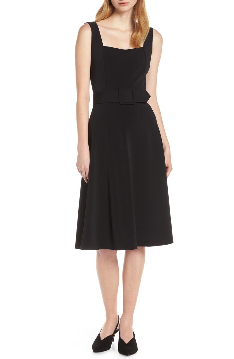 Harper Rose Belted Fit & Flare Square Neck Dress, Main, color, Black