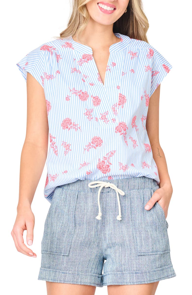 GIBSONLOOK Cap Sleeve Stretch Cotton Top, Main, color, Nautical Rose Stripe