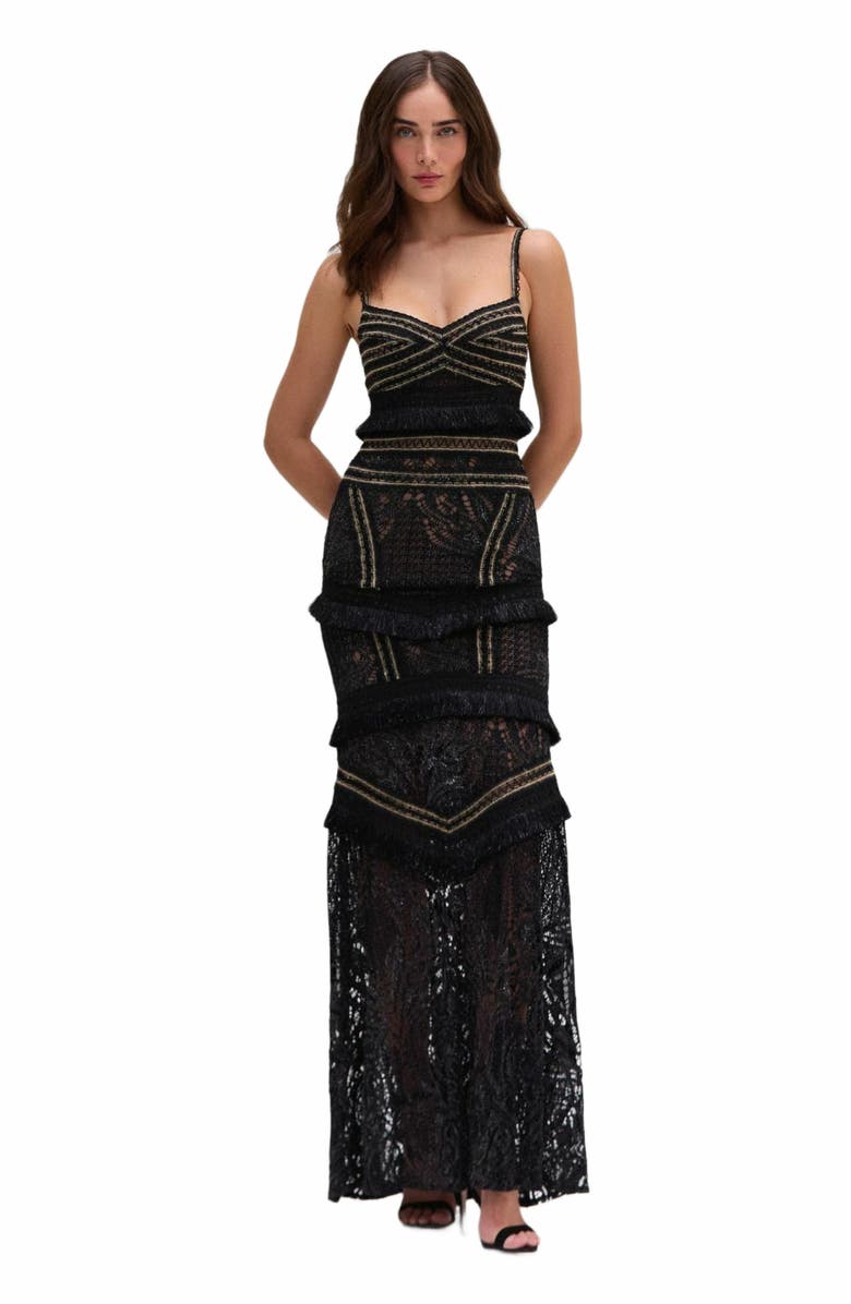PatBO Lace and Fringe Maxi Dress, Main, color, 